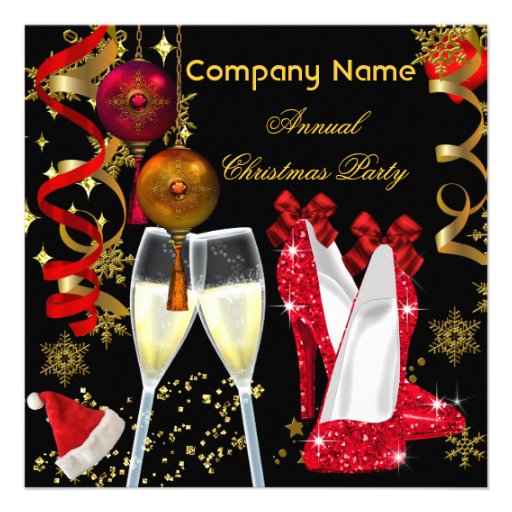 Corporate Holiday Christmas Party Champagne Heels Personalized Invitations