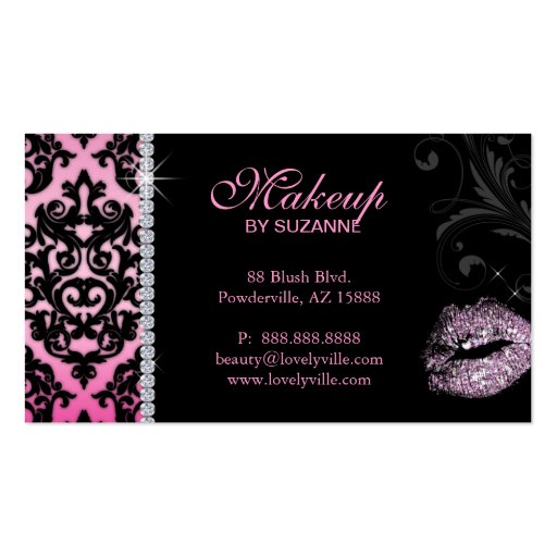 Cosmetologist Business Card Damask Glitter Pink (front side)