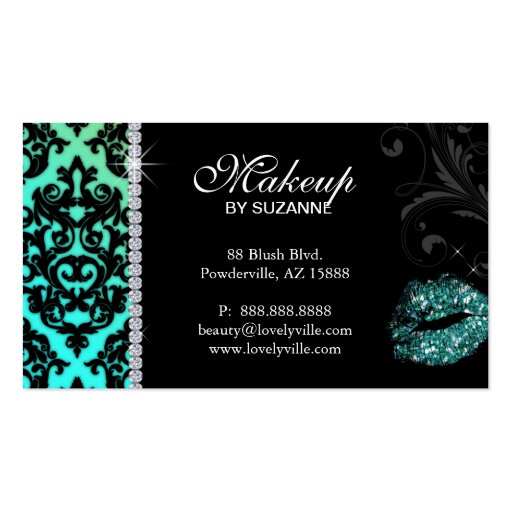 Cosmetologist Business Card Damask Glitter Teal (front side)