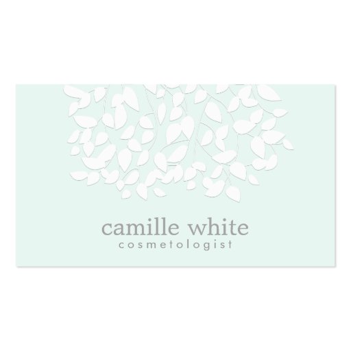 Cosmetologist Pretty White Leaves Light Aqua Blue Business Cards (front side)