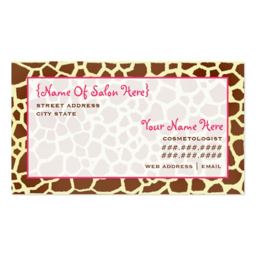 Cosmetologist Salon Appointment Giraffe Print Business Card Template (front side)