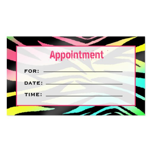 Cosmetologist Salon Appointment Neon Zebra Print Business Card (back side)