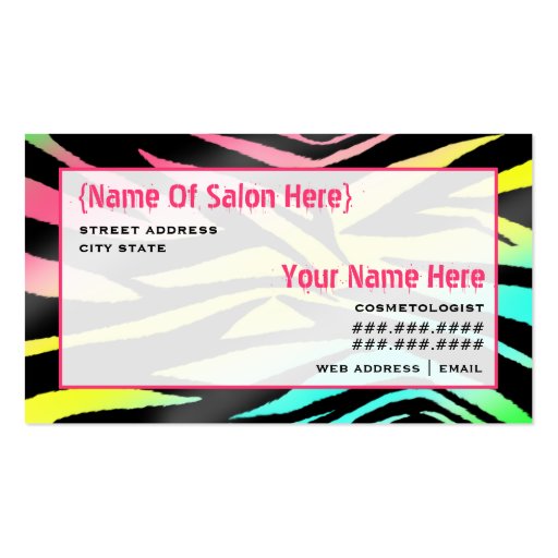 Cosmetologist Salon Appointment Neon Zebra Print Business Card (front side)