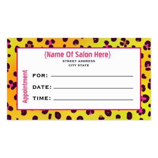 Cosmetologist Salon Appointment Orange Leopard Business Card Template (back side)
