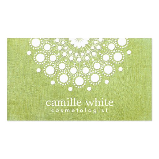 Cosmetology Elegant Circle Motif Green Linen Look Business Card Template (front side)