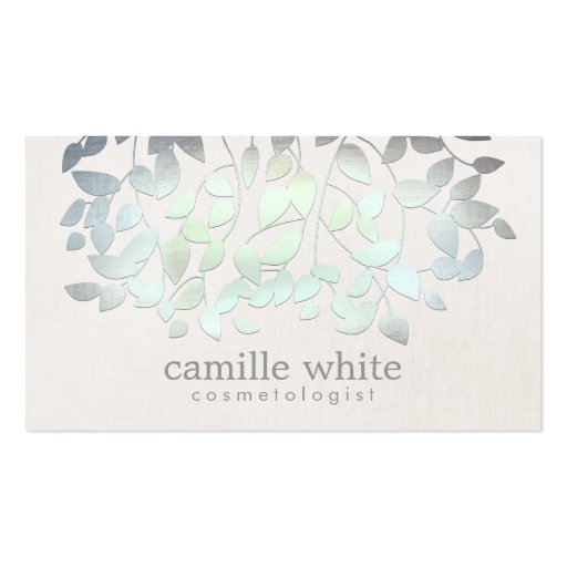 Cosmetology Faux Blue Green Foil Leaves Linen Look Business Card Templates (front side)