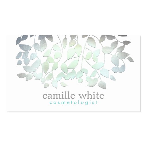 Cosmetology Faux Blue Green Foil Leaves White Business Card Template (front side)