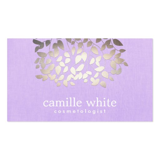 Cosmetology Faux Foil Leaves Lavender Linen Look Business Card Templates (front side)