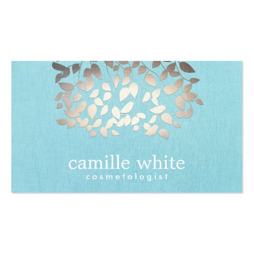 Cosmetology Faux Foil Leaves Turquoise Linen Look Business Card Templates (front side)