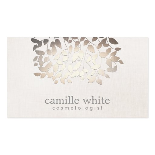 Cosmetology Faux Gold Foil Leaves Linen Look Business Cards (front side)