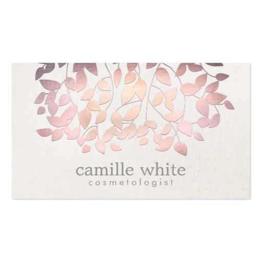 Cosmetology Faux Pink Foil Leaves Linen Look Business Card Templates (front side)