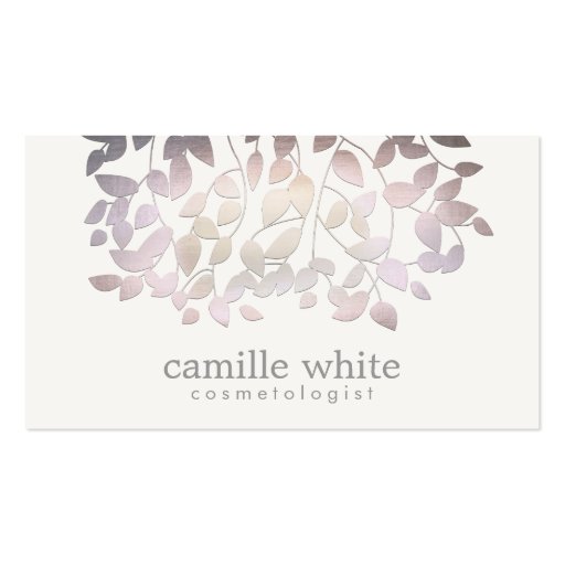 Cosmetology Faux  Purple Foil Leaves Linen Look Business Card Templates (front side)
