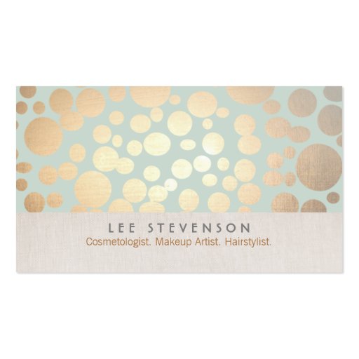 Cosmetology Gold Circles Pale Turquoise Linen Look Business Card Template (front side)