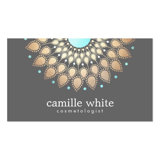 Cosmetology Gold Ornate Motif Gray Business Card Template (front side)