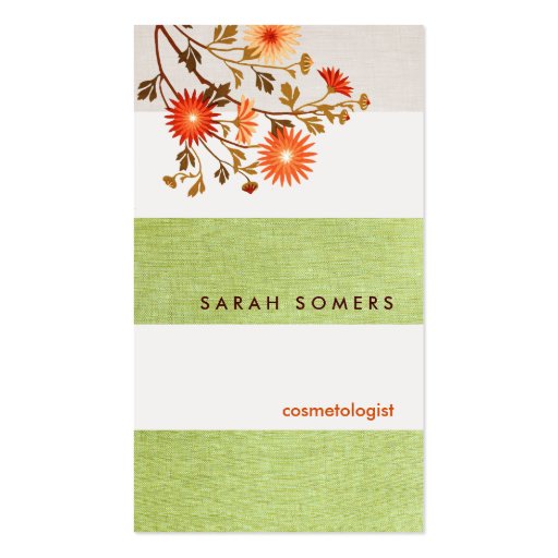 Cosmetology Green  Striped Linen Natural Beauty Business Card Templates (front side)
