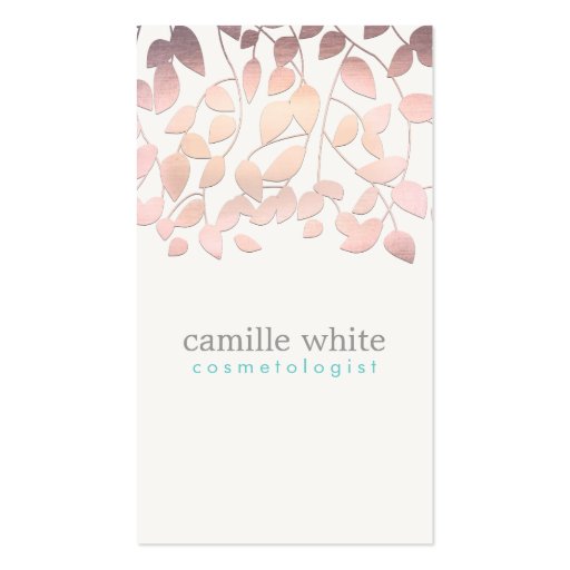 Cosmetology Pink Foil Embossed Look Leaves Business Cards (front side)