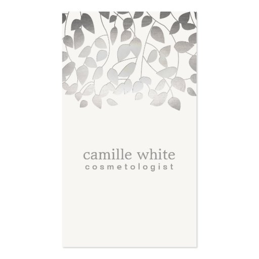 Cosmetology Silver Foil Embossed Look Leaves Gray Business Card Template (front side)