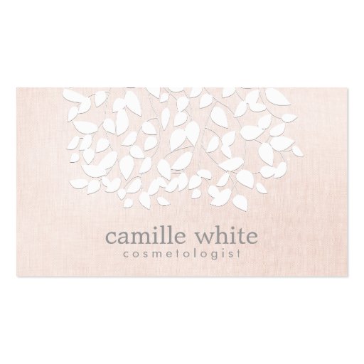 Cosmetology White Embossed Leaves Pink Linen Look Business Cards (front side)