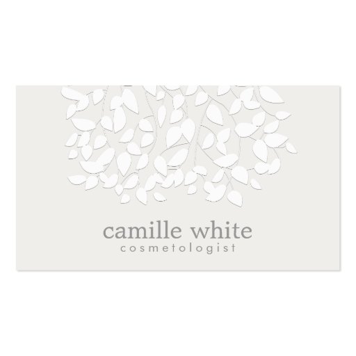 Cosmetology White Embossed Look Leaves Business Card Template (front side)