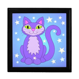 Cosmic Cat Cartoon Kitty Stars Blue Jewelry Box