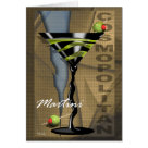 postcard - A martini - how very cosmopolitan! Not to be confused with the popular "Cosmos" drink made popular by Carrie & crew, which really wasn't a martini at all.  This happens to be an Apple Martini, or Appletini. Some use calvados, some apple puree, and some apple schnapps. This recipe uses the apple schnapps and has a very sweet taste. If you'd like to have a Sour Appletini, use Sour Apple Pucker. For an extra, edible touch to this drink, garnish with a green apple slice or peel.  I prefer olives. Enjoy! "Cosmopolitan Martini" is an original digital graphic created by Cheryl Daniels © 2009.