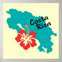 Costa Rica map art with hibiscus flower Print