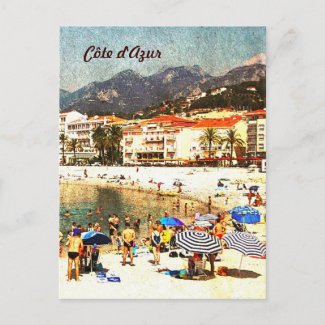 Côte d'Azur, retro styled beach postcard