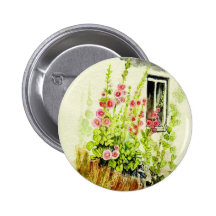 Cottage Window and Delphiniums Pinback Button