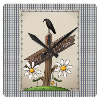 Country Blue Gingham Welcome Friends Square Wallclocks