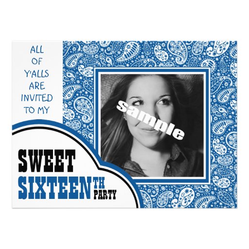 Country Blue Paisley Girl Photo Sweet 16th Party Invitations