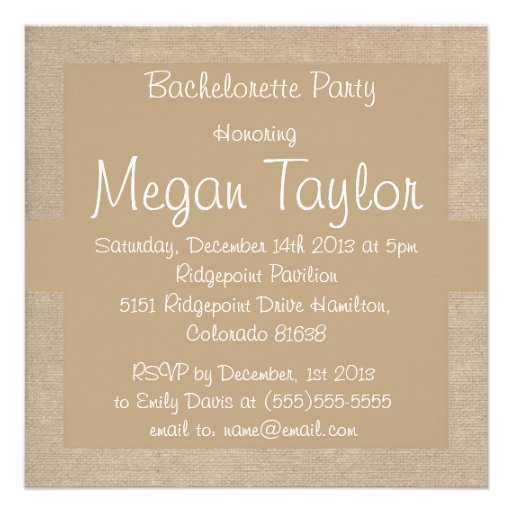 Country Brown Sand Burlap Bachelorette Party Invitation