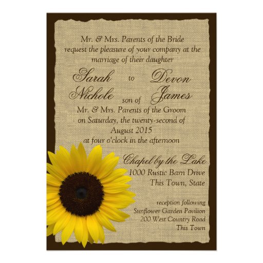 Country Burlap and Sunflower Wedding Personalized Invites