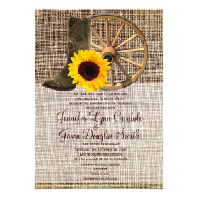 Country Burlap Cowboy Boots Sunflower Wedding Personalized Invitations