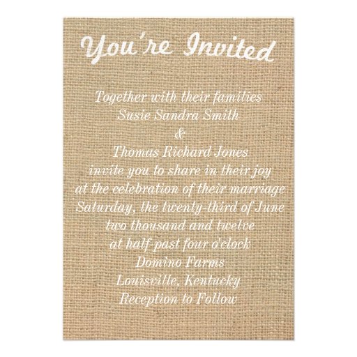 Country Burlap, Lace and Mason Jar Wedding Invitat Personalized Invite