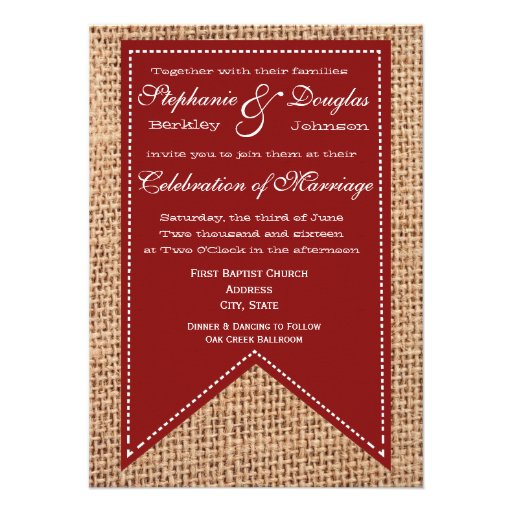 Country Burlap Print Red Rustic Wedding Invitation