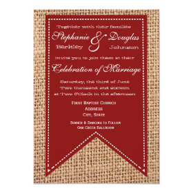 Country Burlap Print Red Rustic Wedding Invitation 4.5