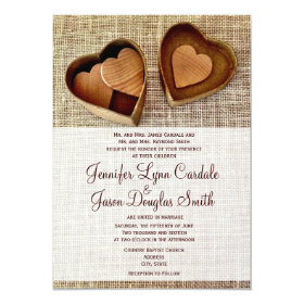 Country Burlap Wooden Hearts Wedding Invitations 4.5