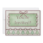 Country Christmas Party Green Plaid Trees Stars Invitations