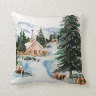 Country Church in Winter Watercolor Mountain Scene Throw Pillow