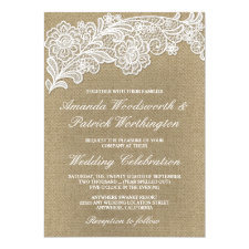 Country Floral Burlap and Lace Wedding Invitations