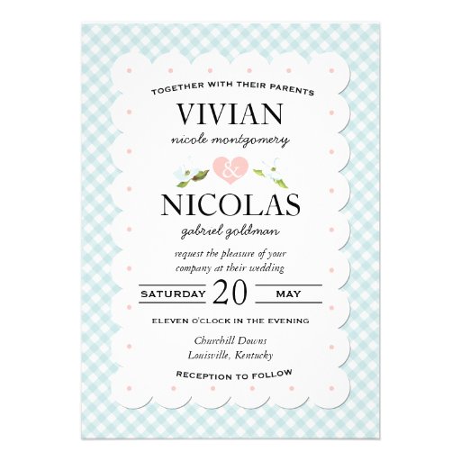 Country Floral Gingham Pink Blue Wedding Invitation
