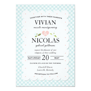 Country Floral Gingham Pink Blue Wedding 5x7 Paper Invitation Card