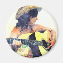 Country Girl with Acoustic Guitar Water Color Magnet