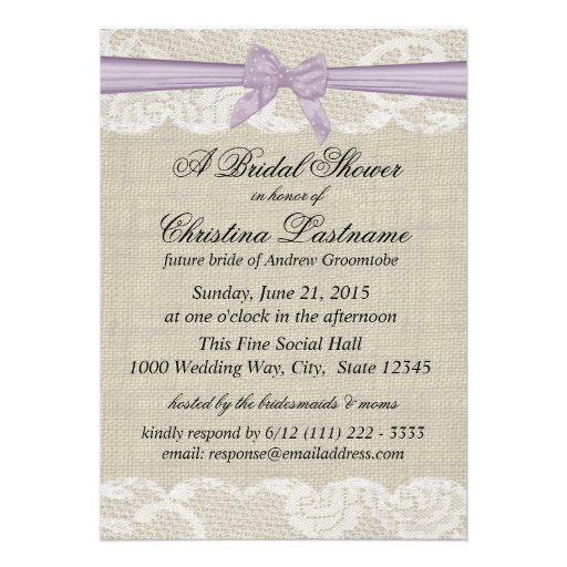 Country Lace and Burlap with Lavender Bow Shower Custom Invitations