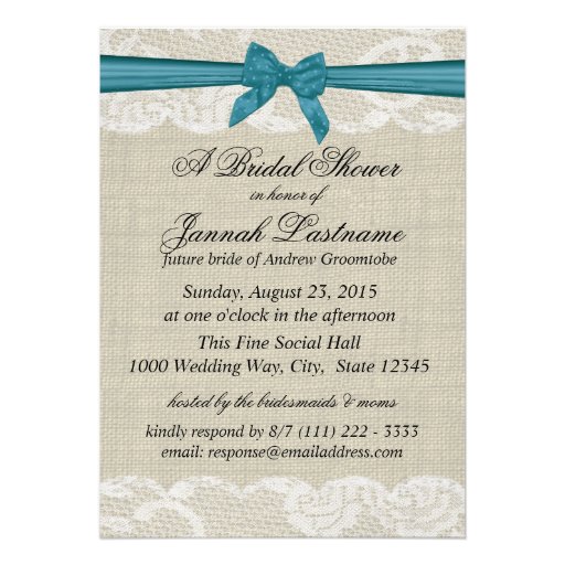 Country Lace and Burlap with Turquoise Bow Shower Personalized Announcements