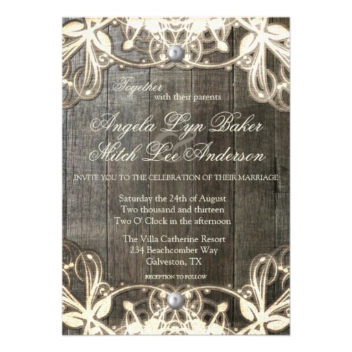 Country Lace and Wood Rustic Wedding Invitation