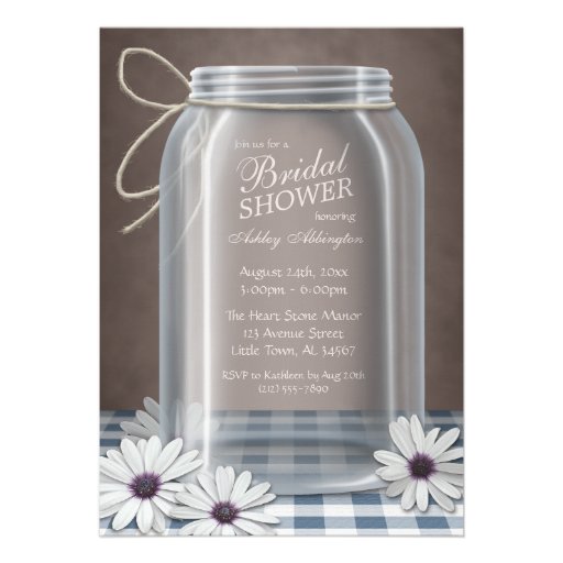 Country Mason Jar Blue Gingham Bridal Shower Custom Invites