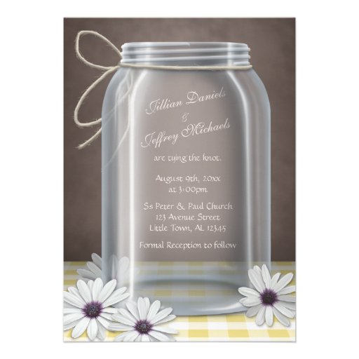 Country Mason Jar Daisy Yellow Brown Wedding Custom Invitation