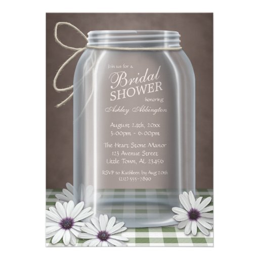 Country Mason Jar Green Gingham Bridal Shower Custom Invite