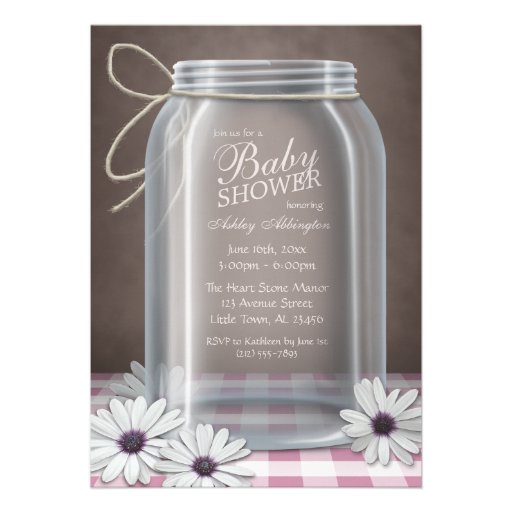 Country Mason Jar Pink Gingham Baby Shower Personalized Announcement